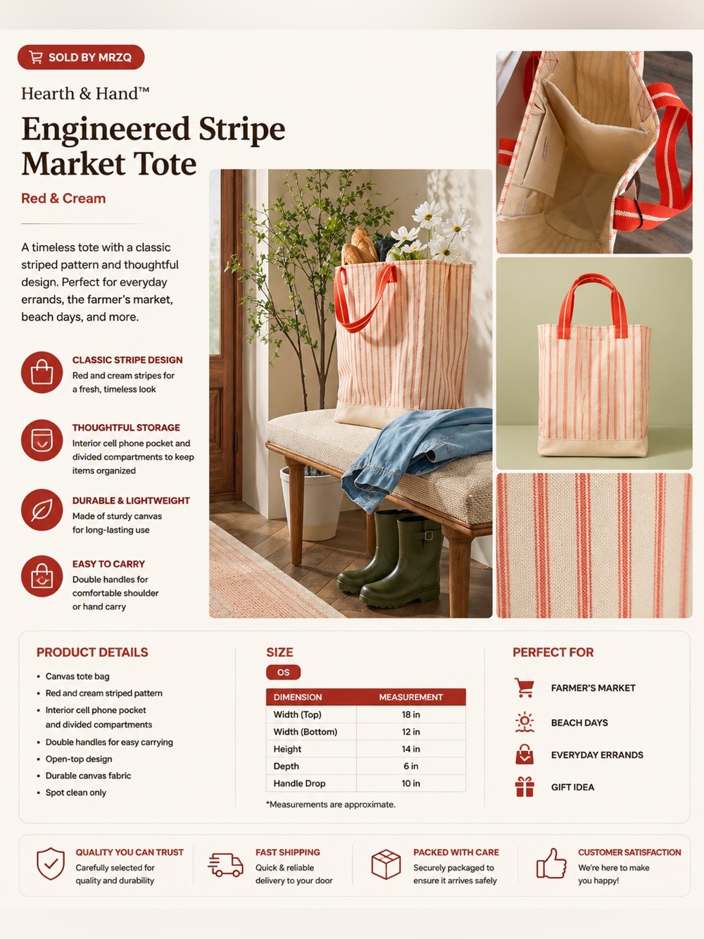 Hearth & Hand Red & Cream Striped Canvas Market Tote